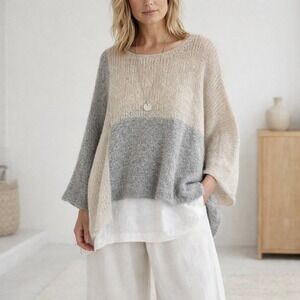 Eileen Fisher Womens L Alpaca Wool Blend Colorblock Knit Boxy Sweater Grey Beige